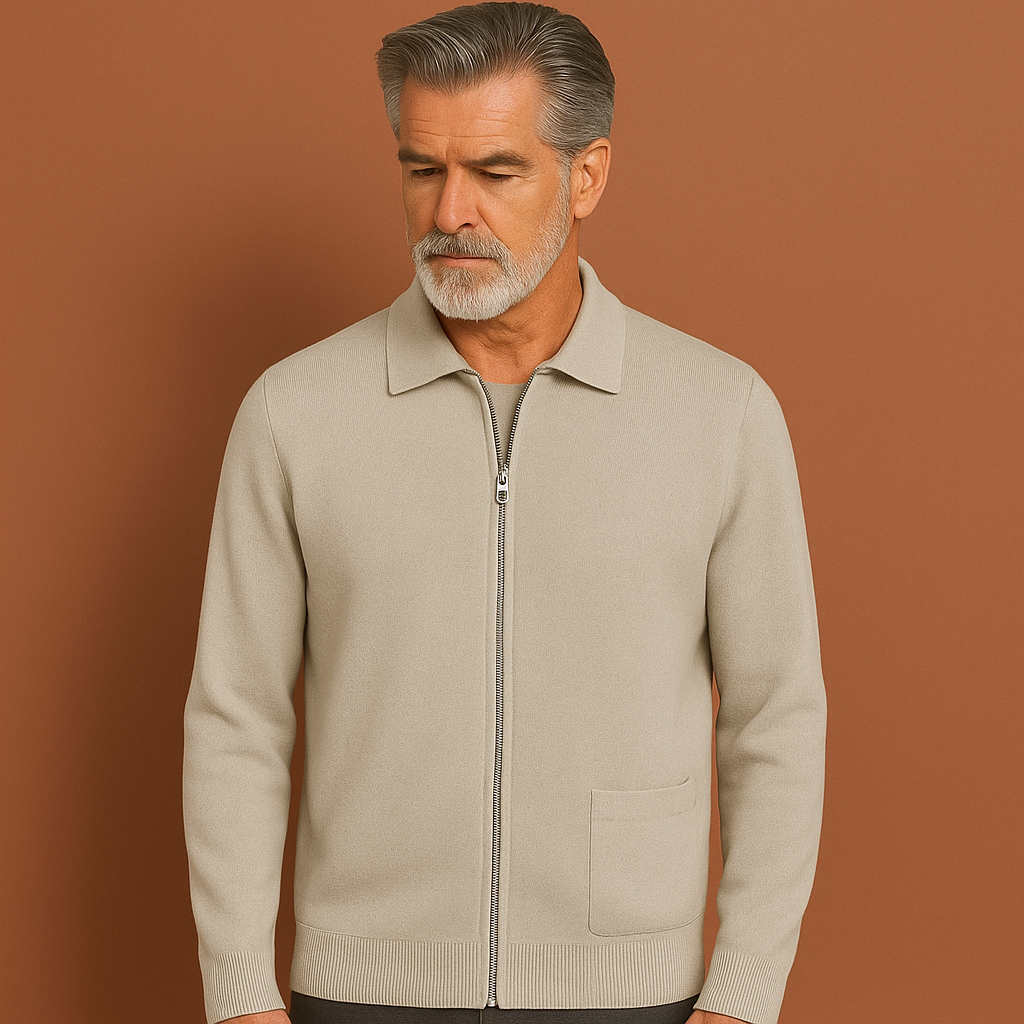 Men’s zip-up cardigan in white with regular fit, modern design and comfortable feel for casual and semi-formal outfits.