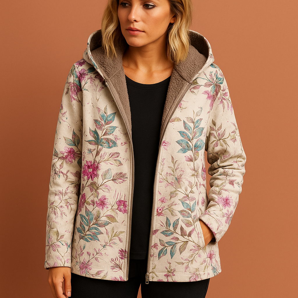 Women’s floral print jacket in white with pockets, soft and comfortable for casual spring and fall outfits.