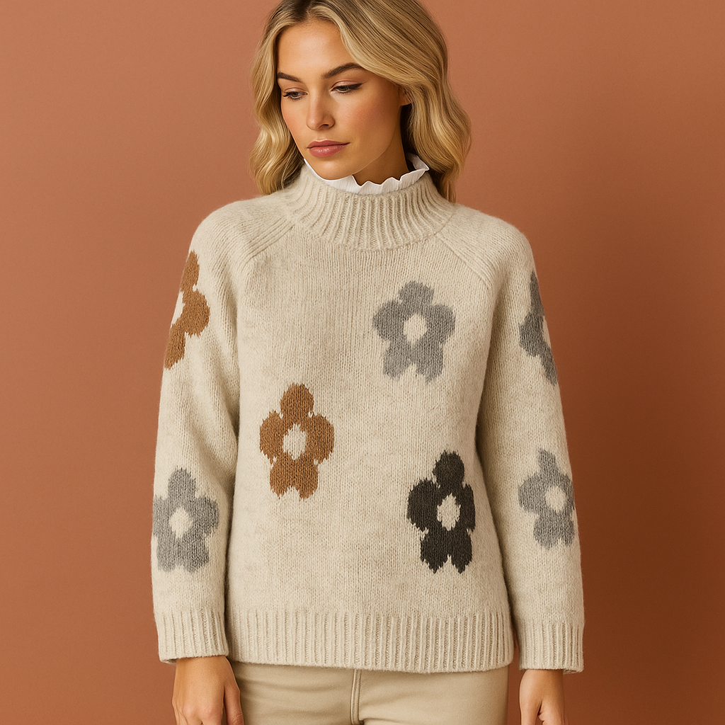 Women’s knitted sweater in white with black floral pattern, soft and comfortable for casual and stylish outfits.