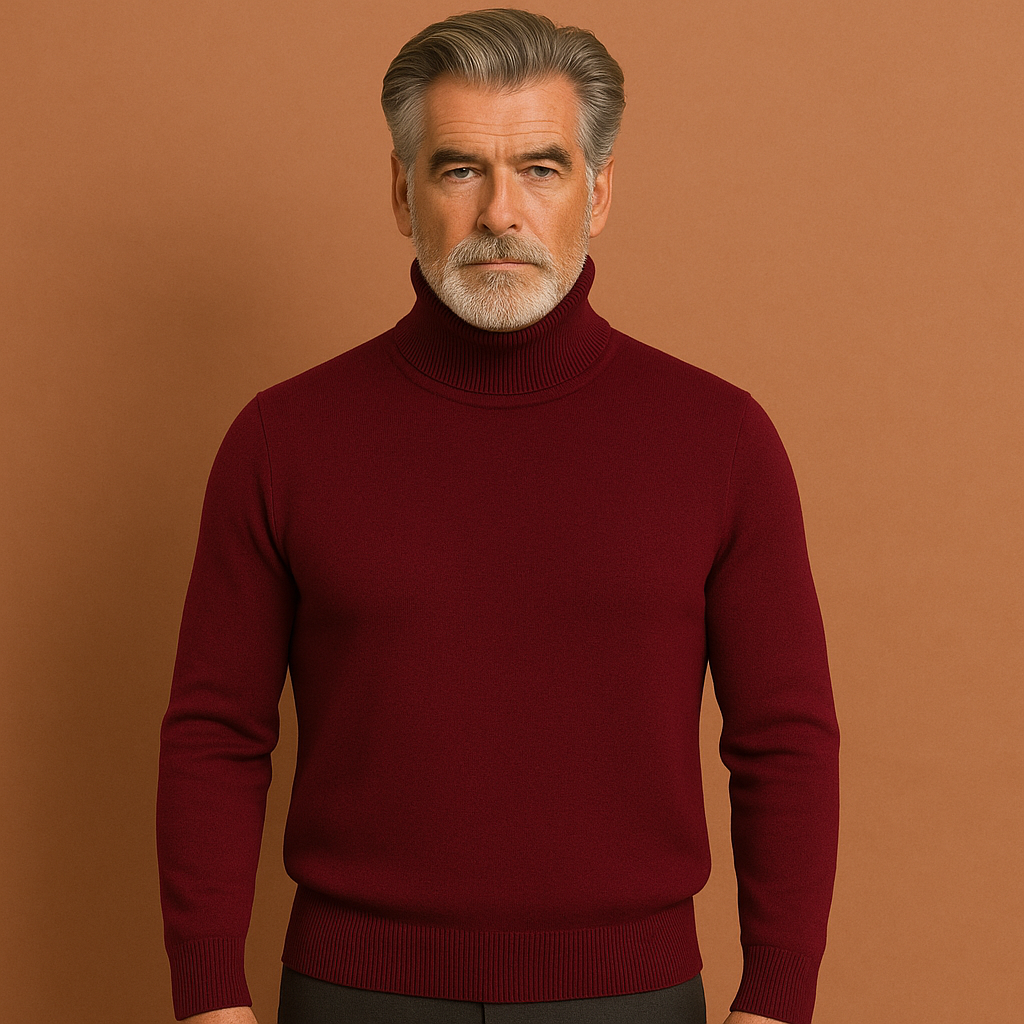 Men’s turtleneck sweater in wine red with timeless design, stylish and comfortable for business and casual winter outfits.