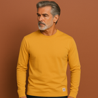 Men’s crew neck sweater in yellow with long sleeves, soft and comfortable for casual and stylish outfits.