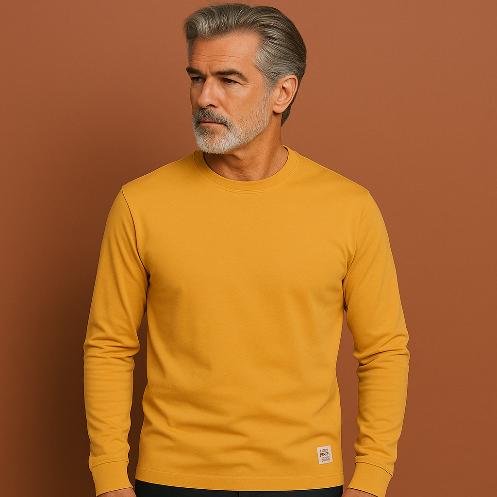 Men’s crew neck sweater in yellow with long sleeves, soft and comfortable for casual and stylish outfits.