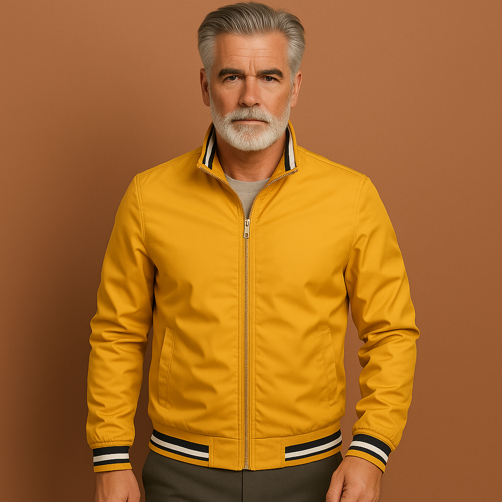 Men’s lightweight transitional jacket in yellow with sporty collar, breathable and stylish for casual outfits.