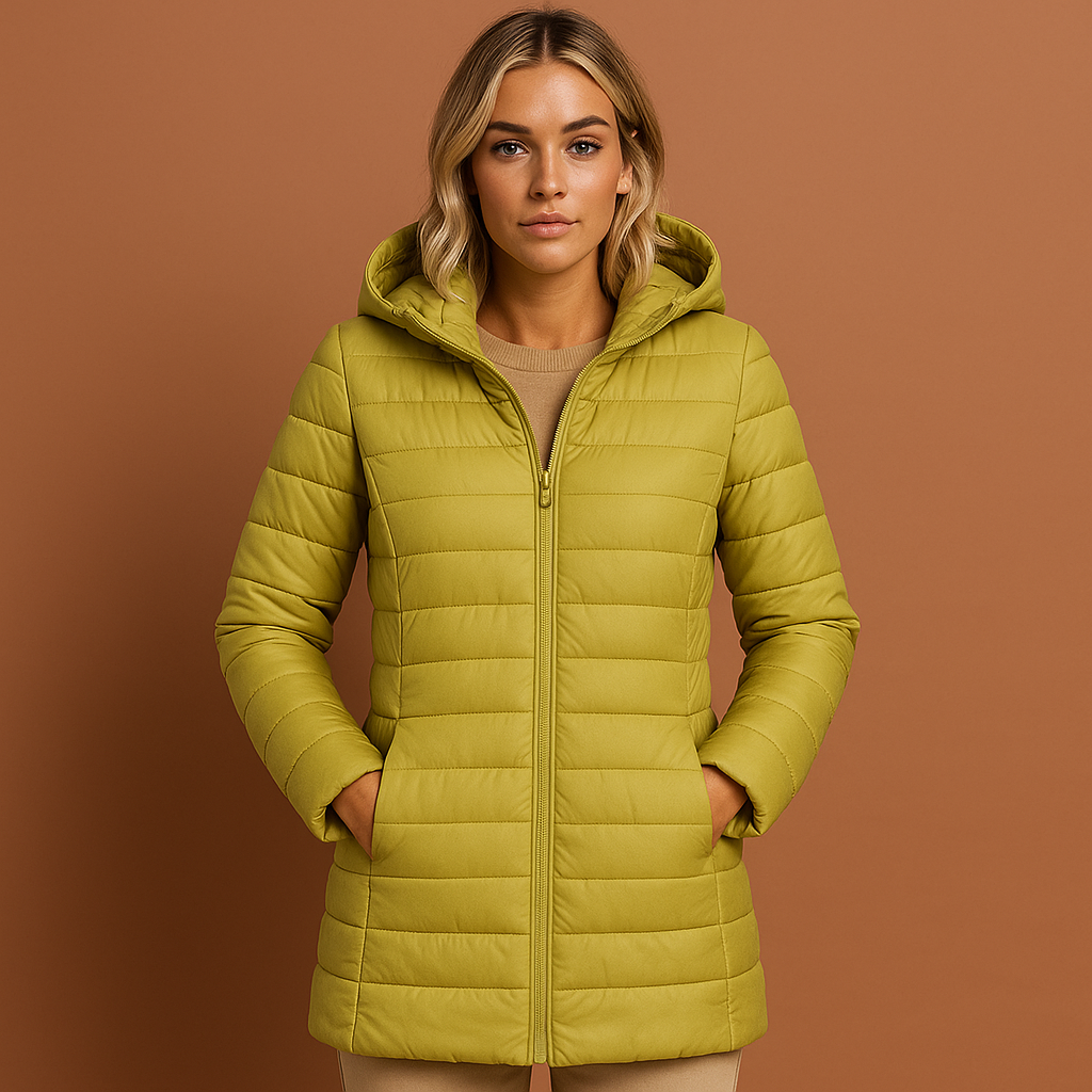 Women’s quilted jacket in yellow with detachable hood and lightweight design, warm and comfortable for casual fall and winter outfits.