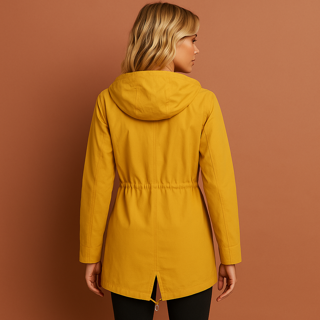 Women’s long waterproof raincoat in yellow with hood, breathable and stylish for rainy days.