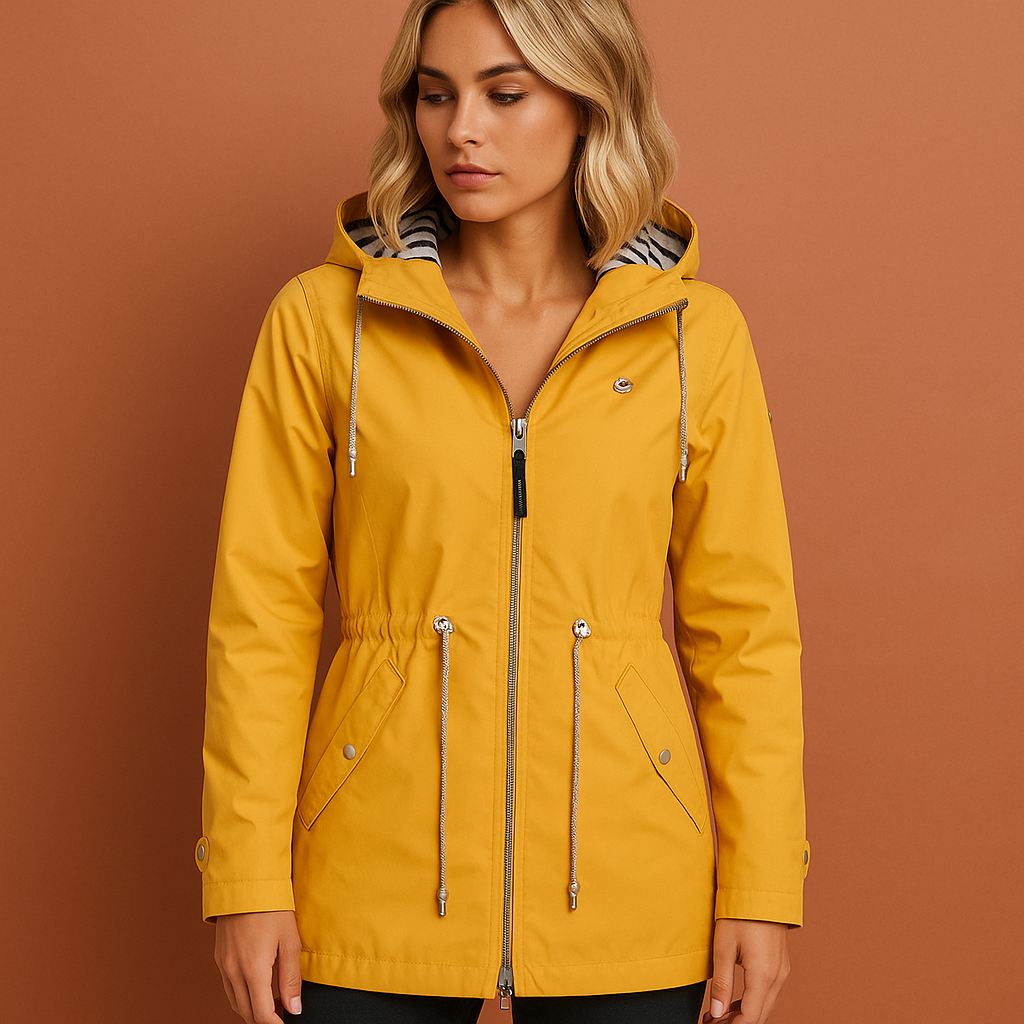 Women’s long waterproof raincoat in yellow with hood, breathable and stylish for rainy days.