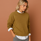 Women’s oversized casual sweater in yellow with minimalist design, soft and comfortable for casual and stylish outfits.